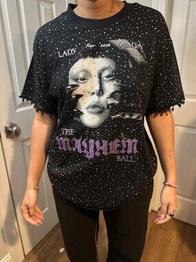 Lady Gaga Upcycled Black Band Tee with Rhinestones and Bead Trim at Sleeves